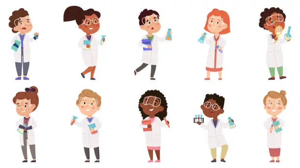 Vector illustration of Kids scientists, boys and girls experiment in chemistry lab. Multiracial kids scientists doing scientific experiment vector illustration set. Baby scientist characters