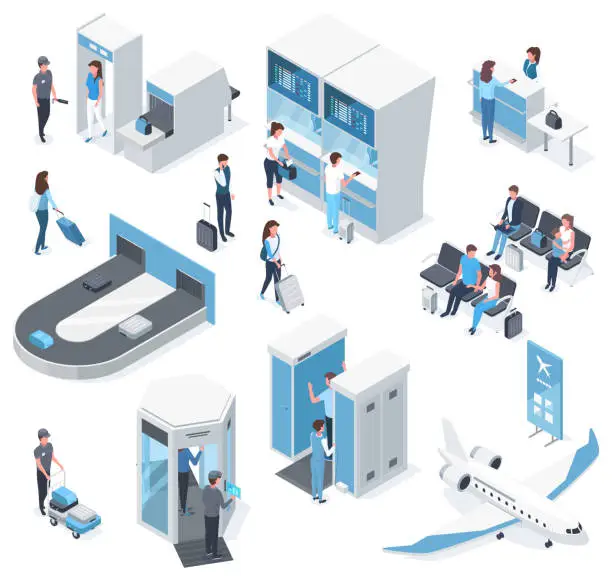 Vector illustration of Isometric 3d airport passengers, passport check and boarding gate. Airport lounge, passport check desk and waiting room vector illustration set. People in airport