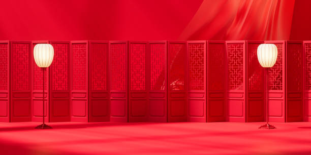 istock Chinese screen and lamp with red background, 3d rendering. 1370842385