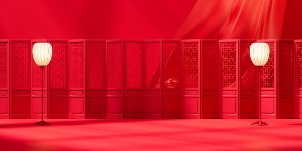 Chinese screen and lamp with red background, 3d rendering. Computer digital drawing.