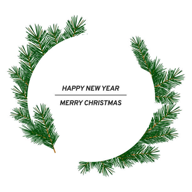 istock Round frame framed by green branches of a Christmas tree. An empty circle, postcard, with the inscription wishes of a happy new year and a merry christmas, isolated on a white background. 1370843458