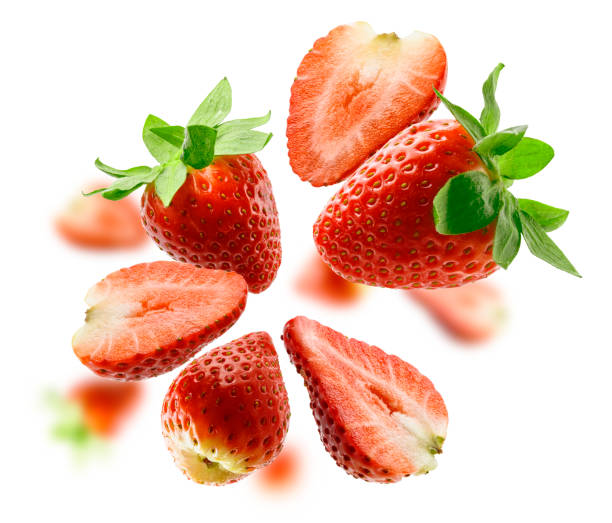 Strawberry berry levitating on a white background stock photo