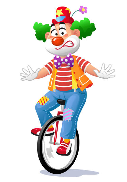 ilustrações de stock, clip art, desenhos animados e ícones de clown riding a unicycle - unicycling unicycle cartoon balance