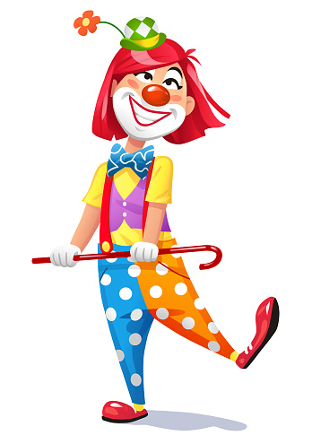 Vector illustration of a cheerful female clown with a cane dancing, isolated on white.