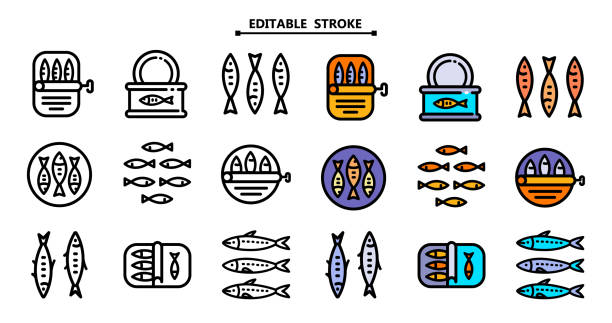 illustrazioni stock, clip art, cartoni animati e icone di tendenza di sardine icone set contorno vettoriale - tuna fish silhouette saltwater fish