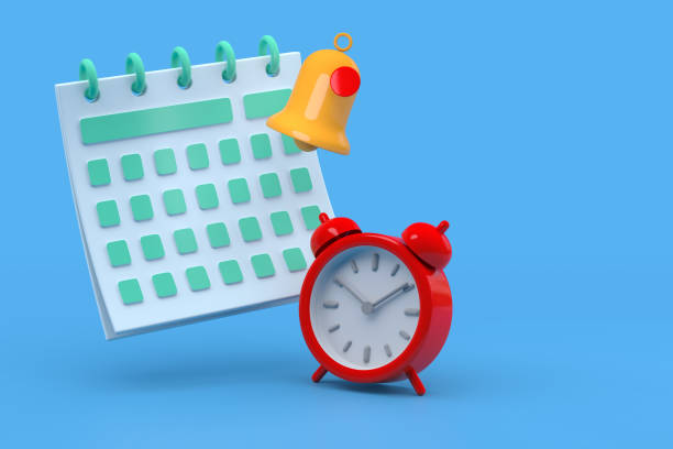 istock Cartoon Character Alarm Clock, Notification Bell and Calendar. 3d Rendering 1370847808