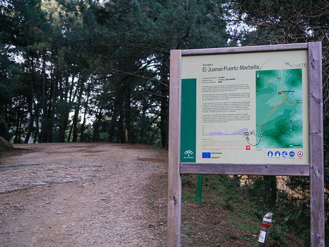Marbella, Spain - January 31, 2022: Information point for trail in the mountain