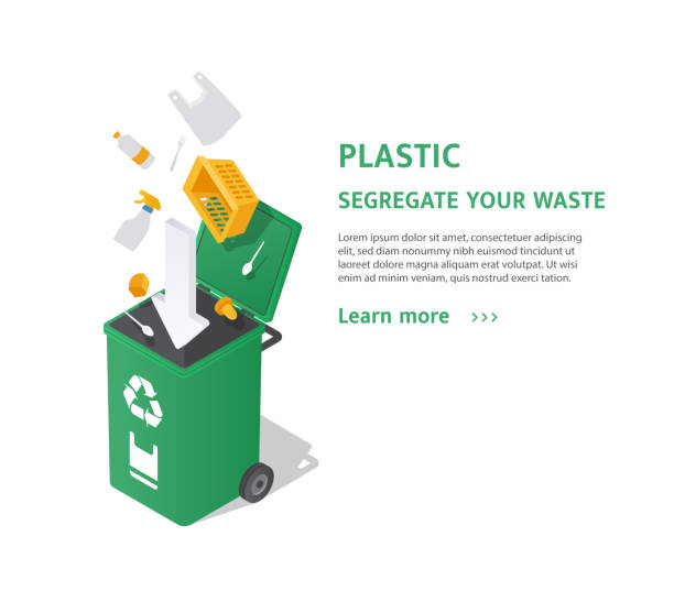 Sorting plastic waste Sorting plastic waste. Recycling of commonly encountered material that takes long time to decompose. Environmental care, eco activists and information page design. Cartoon flat vector illustration recycling packaging in green bin with arrows stock illustrations