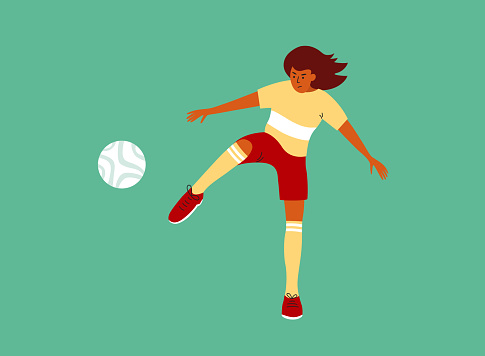 Female soccer player training on green football field. Young woman in sport wear playing ball. Women football match. Womens soccer team girl kicks ball foot. Athlete game exercise vector illustration