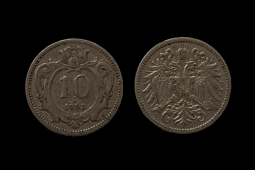 Vintage Austro-Hungarian empire 10 krone coin from 1892.