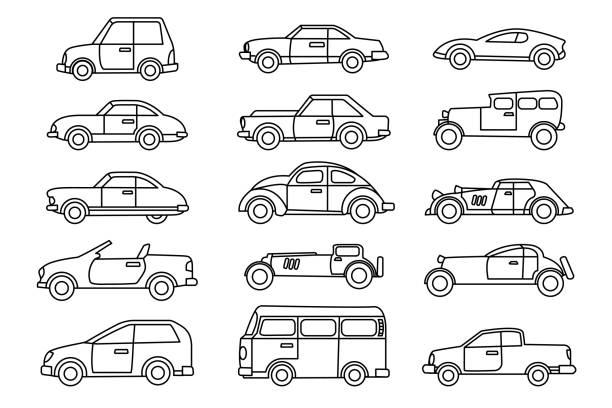 illustrazioni stock, clip art, cartoni animati e icone di tendenza di design del contorno della collezione di auto retrò - car silhouette land vehicle sports utility vehicle