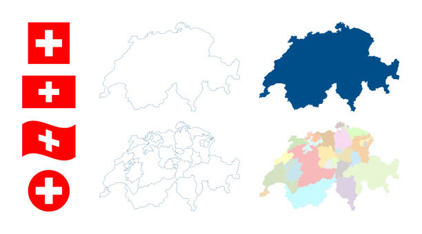 スイスの地図。詳細な青い輪郭とシルエット。行政部門と州。国のフラグ。ベクトル マップのセット。すべて白い背景に隔離されています。デザイン用のテンプレート。 - cantons点のイラスト素材／クリップアート素材／マンガ素材／アイコン素材