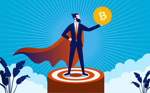 Man holding big coin in hand wearing a cape and standing on target. Crypto currency success concept. Vector illustration