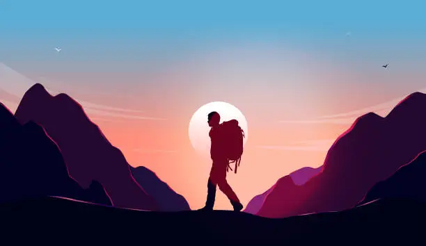 Vector illustration of Hiker with backpack in mountain landscape with sunrise