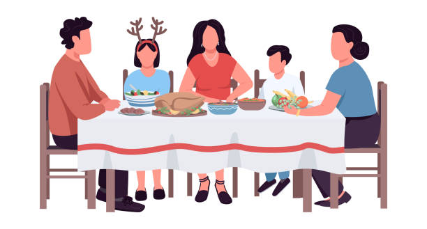 ilustraciones, imágenes clip art, dibujos animados e iconos de stock de mesa de la cena de acción de gracias semiplano colores caracteres vectoriales - cena familiar