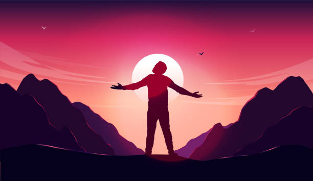 Salvation illustration of man having a spiritual enlightened moment in nature Person on top of mountain with open arms Vector illustration spiritual enlightenment stock illustrations