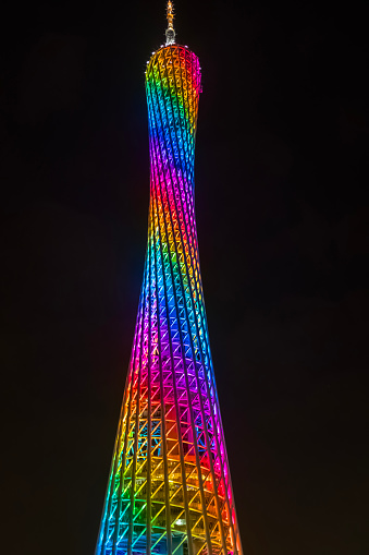 Canton Tower in Guangzhou city, Guangdong province, China, rainbow colors