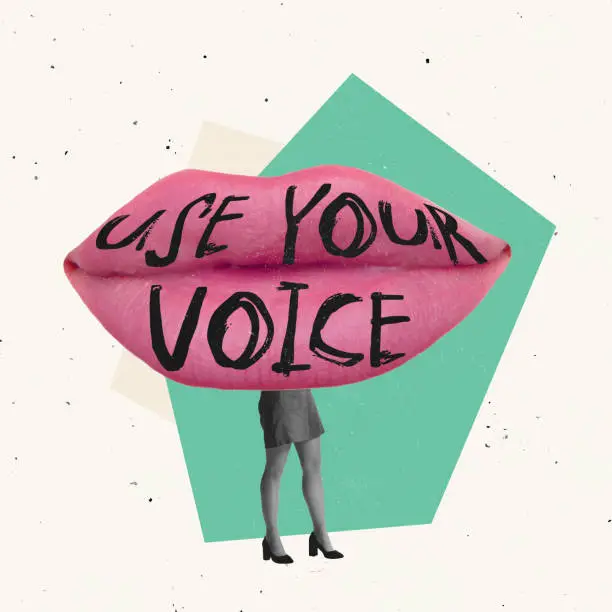 Photo of Creative design. Contemporary art collage. Giant female lips with words use your voice symbolizing human rights
