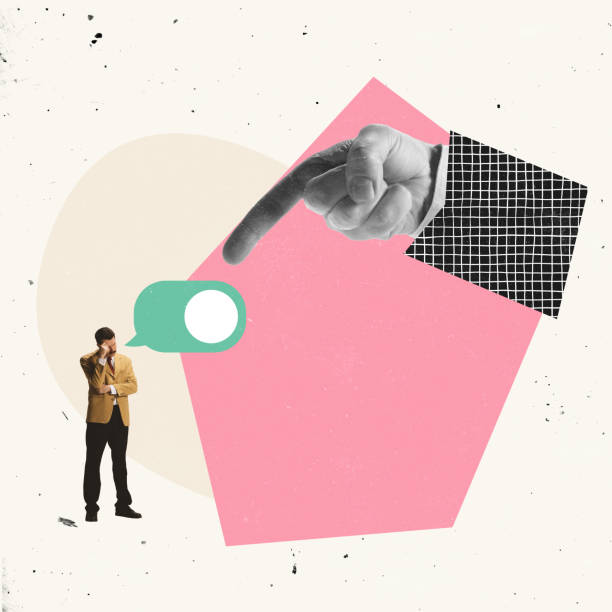 istock Creative design. Contemporary art collage. Giant hand pointing at thoughtful employee symbolizing right direction 1370856313