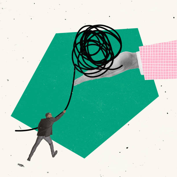 istock Contemporary art collage. Businessman, employee pulling tangled ball, trying to find solution and solve the problem 1370856319