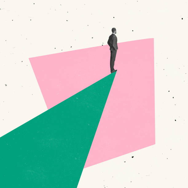 Contemporary art collage. Creative design. Businessman standing on cone, symbolizing leadership, predicting business future