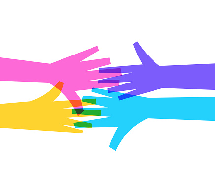 Vector illustration of a set of four human hands in vibrant colors. Cut out design elements on a transparent background on the vector file. Colors are global for easier editing.