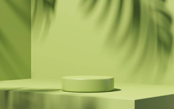 istock Minimal podium green background for product presentation. Tropical leaf shadow on plaster wall. Spring and summer. 1370857651