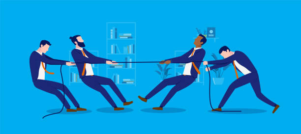 Tug of war business Competition illustration of businessmen competing and pulling rope. Rivalry and competitive concept. Vector illustration four people office stock illustrations