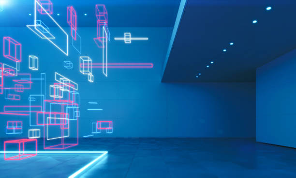istock Blocks glowing with neon lights floating in an abstract interior space 1370857916