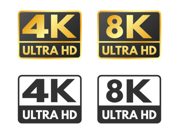 4K and 8K icons. Gold UHD symbol set. High definition labels on white background. Video resolution mark. UHD black and white icon isolated. Vector illustration 4K and 8K icons. Gold UHD symbol set. High definition labels on white background. Video resolution mark. UHD black and white icon isolated. Vector illustration. ultra high definition television stock illustrations
