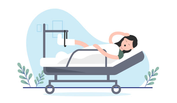Woman in hospital bed vector Cartoon illustration of female person lying with broken foot and feeling pain. woman feet bed stock illustrations