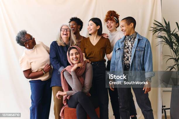 Portrait Of Cheerful Mixed Age Range Multi Ethnic Women Celebrating International Womens Day Stock Photo - Download Image Now