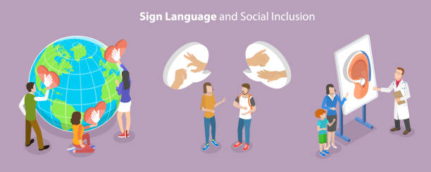 illustrations, cliparts, dessins animés et icônes de illustration conceptuelle du vecteur plat isométrique 3d de la langue des signes et de l�’inclusion sociale - sign language american sign language human hand deaf
