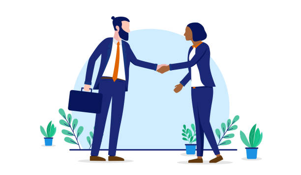 Business handshake between man and woman Flat design vector illustration of diverse people shaking hands on white background. between stock illustrations