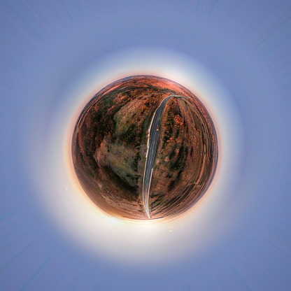Spherical aerial panorama of a small planet