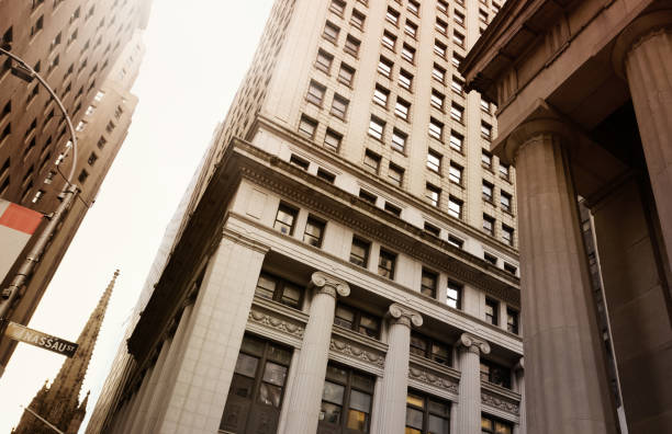 Corporate finance buildings, Wall Street. Corporate finance buildings, Wall Street, Lower Manhattan, NYC. nassau street stock pictures, royalty-free photos & images