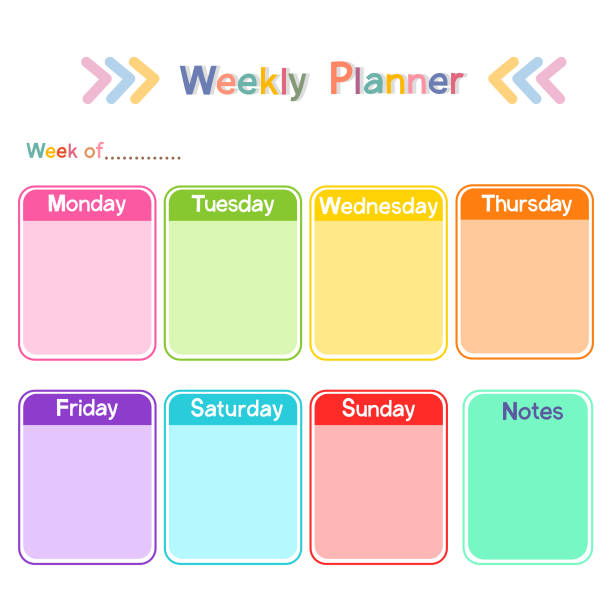 ilustraciones, imágenes clip art, dibujos animados e iconos de stock de colorida plantilla de planificador semanal. - calendar routine personal organizer week