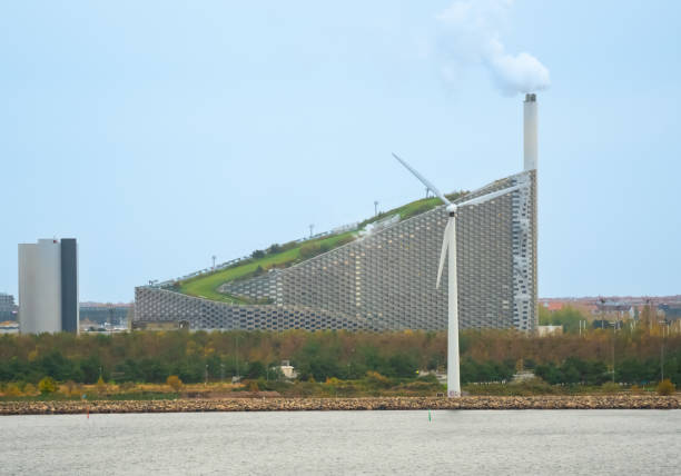 Copenhagen, Denmark - Oct. 29th 2021: Amager hill, also known as Copenhill, is a building in Copenhagen that serves both as a powerplant but also as a down hill skiing slope.