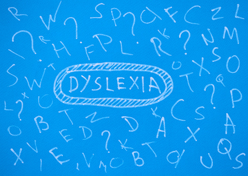 Word dyslexia is written on blue background among different letters closeup background. Speech therapy concept