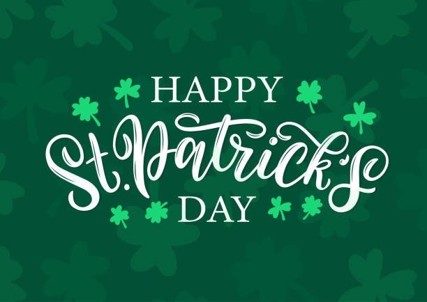 Happy St. Patricks day celtic lettering logo on green clover and shamrock background. Lucky saint patricks concept as card, postcard, invitation, poster, banner, tag, label template. Vector illustration st patricks stock illustrations