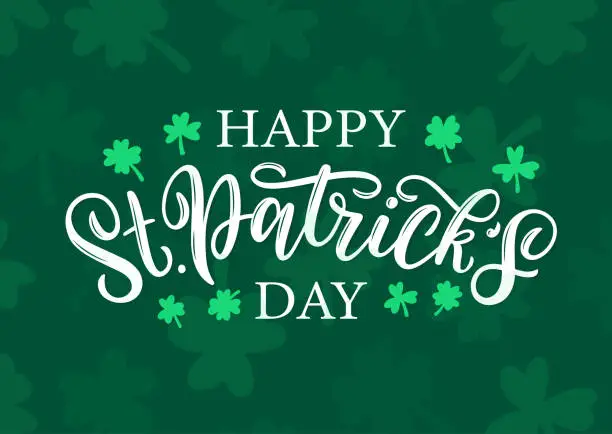 Vector illustration of Happy St. Patricks day celtic lettering logo on green clover and shamrock background.