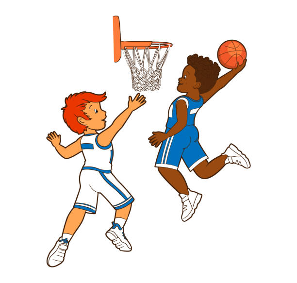 sportowcy koszykarze wrzucają piłkę do koszyka. ilustracja wektorowa w stylu kreskówki, płaski rysunek konturowy - basketball little boys male young adult stock illustrations