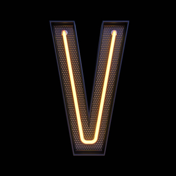 istock Neon retro Light Alphabet letter V isolated on a black background with Clipping Path. 3d illustration. 1370864590