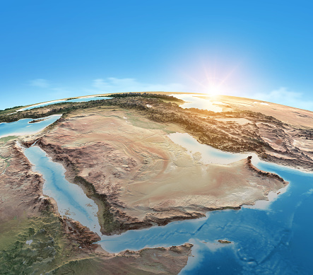 Physical map of Planet Earth, focused on Saudi Arabia, Arabian Peninsula. Satellite view of Middle East, sun shining on the horizon. 3D illustration (Blender software), elements of this image furnished by NASA (https://eoimages.gsfc.nasa.gov/images/imagerecords/147000/147190/eo_base_2020_clean_3600x1800.png)