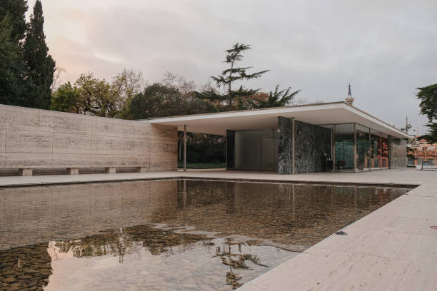 Barcelona Pavilion Barcelona, Spain- February 14: Barcelona Pavilion designed by Ludwig Mies van der Rohe pavilion stock pictures, royalty-free photos & images