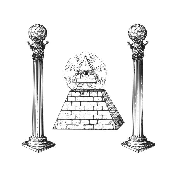 Freemasonry Columns and Eye of Providence, vector illustration concept in engraving style. Vintage pastiche of Boaz and Jachin pillars and Pyramid. Drawn sketch of occult and mystical symbols. Freemasonry Columns and Eye of Providence, vector illustration concept in engraving style. Vintage pastiche of Boaz and Jachin pillars and Pyramid. Drawn sketch of occult and mystical symbols. illuminati stock illustrations