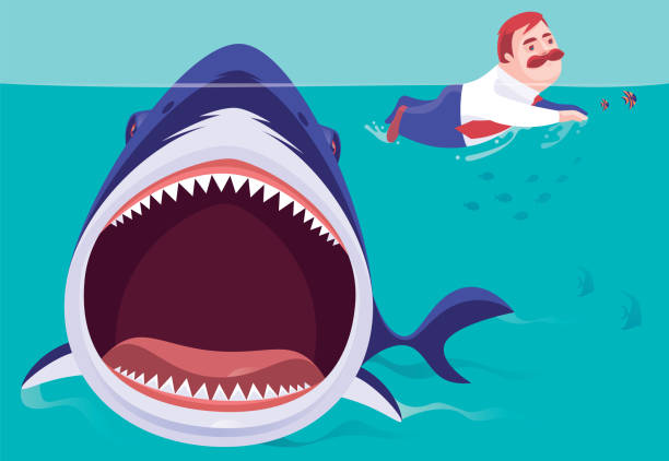ilustraciones, imágenes clip art, dibujos animados e iconos de stock de gran tiburón persiguiendo a un hombre de negocios - mouth open illustrations