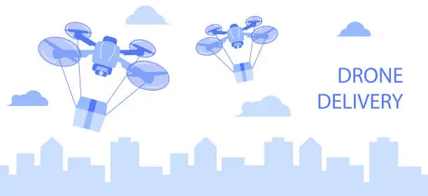 Vector illustration of Quadcopter delivery service. Delivery of food, goods in boxes on drones. Flying drones on the cityscape.