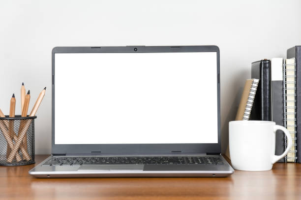 istock Laptop with blank display in home working place 1370869333