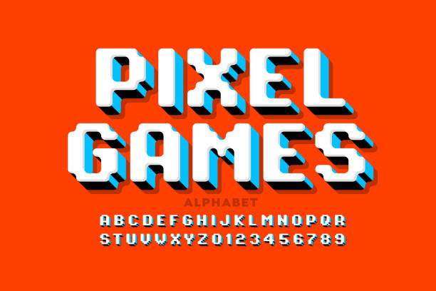 illustrazioni stock, clip art, cartoni animati e icone di tendenza di pixel giochi arcade 3d stile font - arcade